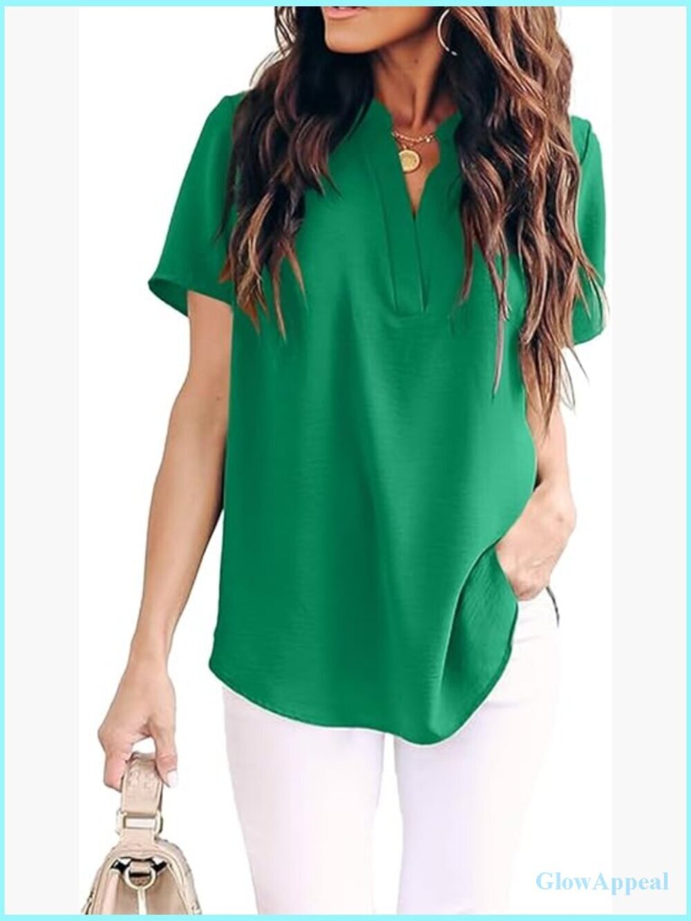 Chiffon Tunic Blouse Split V Neck Short Sleeve Loose Fit Summer Casual Top